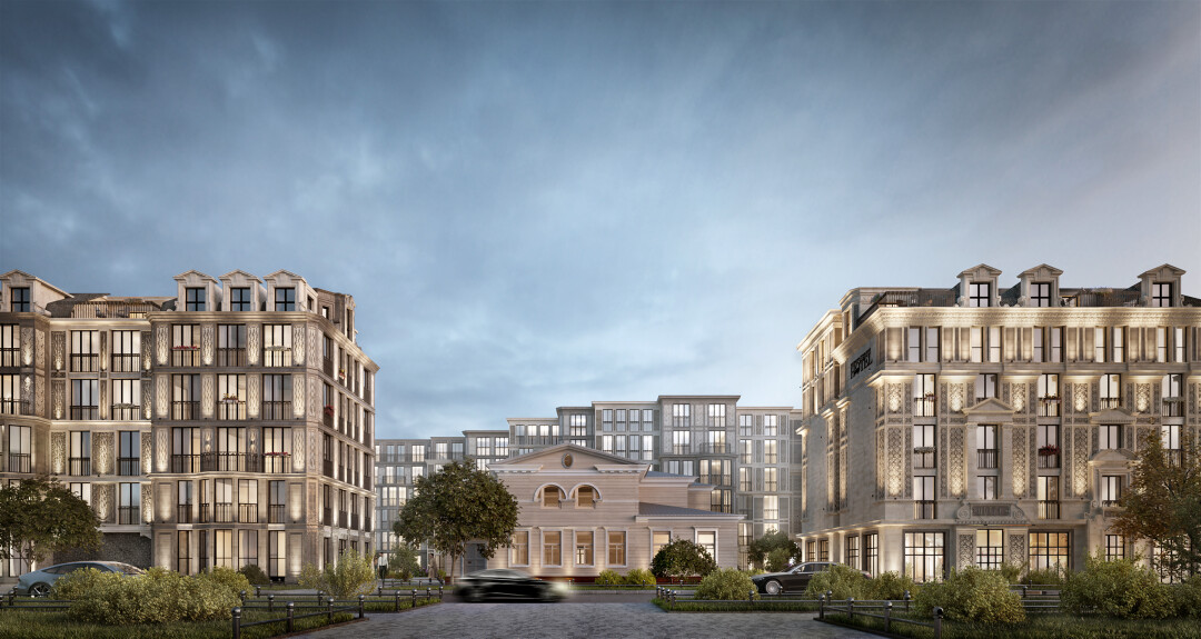 Проект АМО с отреставрированным особняком Бремме. Рендер лицевого фасада.