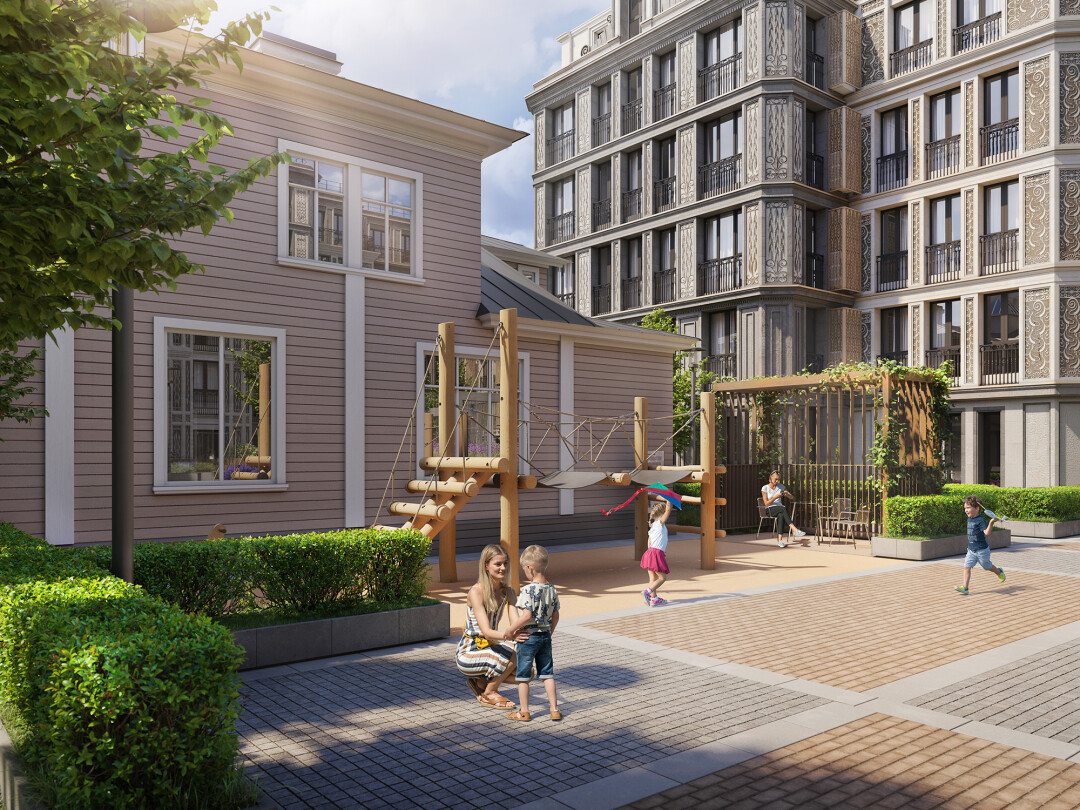 Проект АМО с отреставрированным особняком Бремме. Рендер дворовой территории.