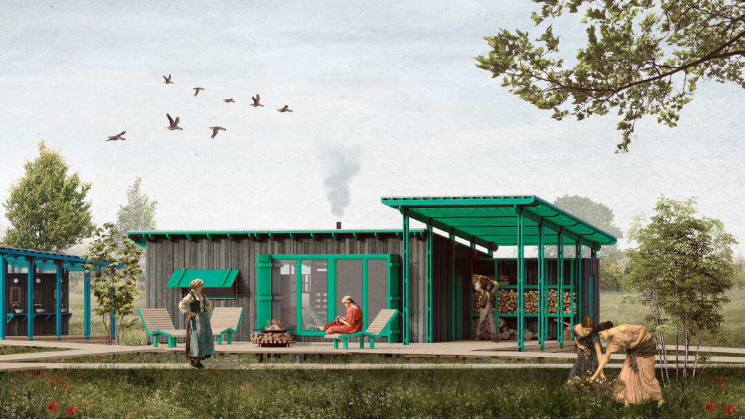 Лаконичные формы и яркие отсылки к традиционным наличникам в утилитарной беседке для кампуса «Центра возрождения культурного наследия “Крохино”»