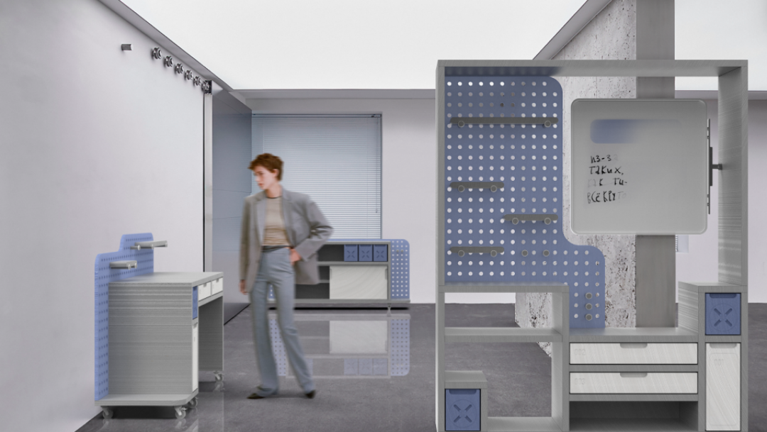 Номинация Working Space, I место. Линейка мебели для пространства для НИУ ВШЭ — Санкт-Петербург. Проект Цагана Наранова и Всеволода Назарова (СПГХПА)