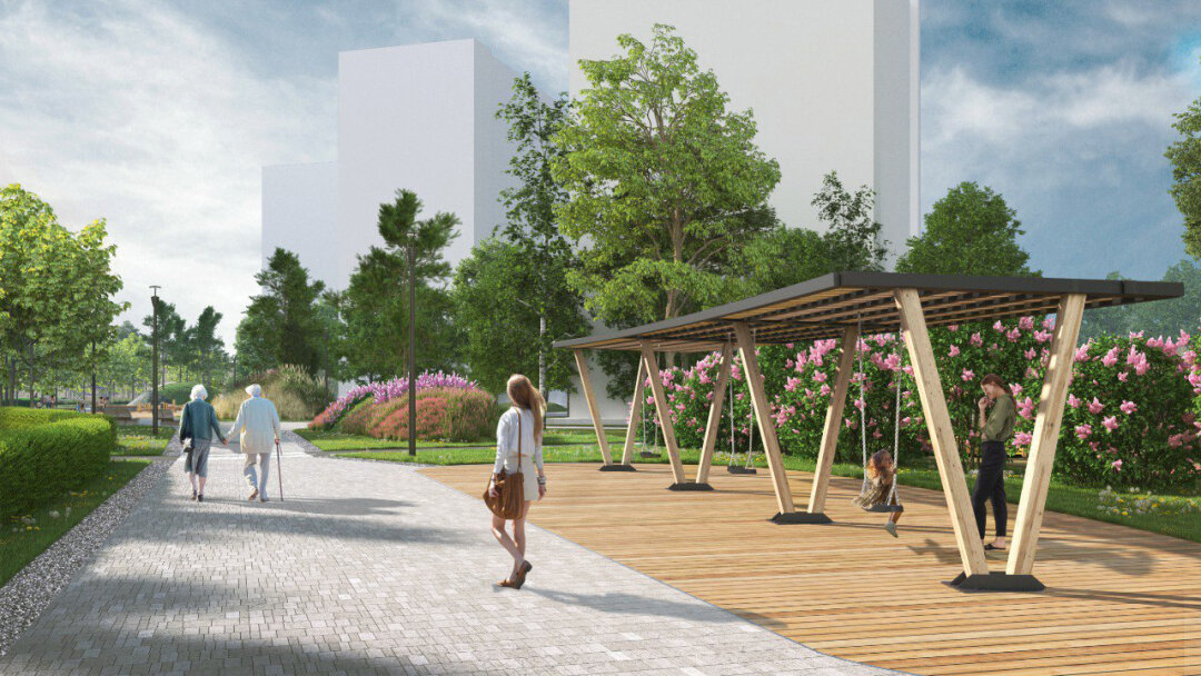 Двор с качелями в микрорайоне «Юнтолово»