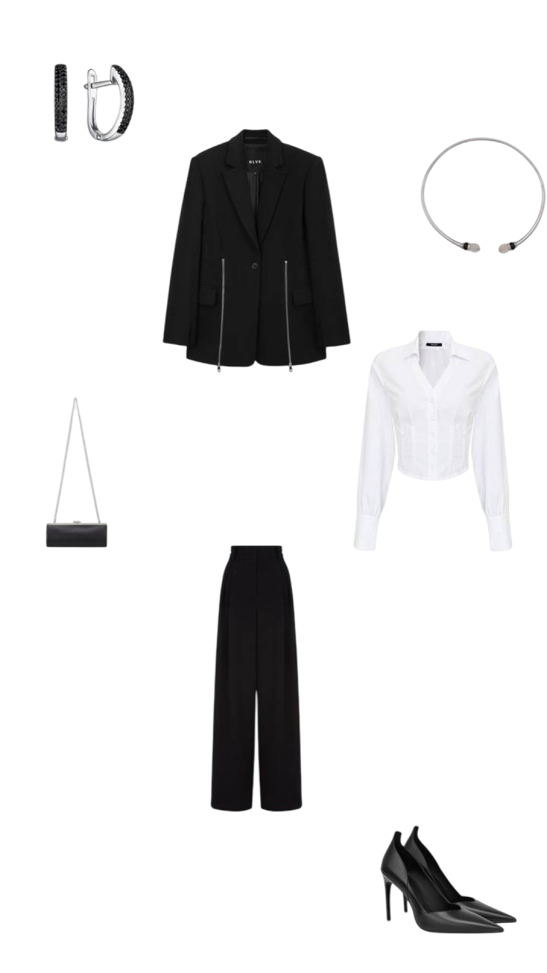 Трикотажный жакет, GLVR, брюки EMKA, укороченная рубашка с корсетными вставками BRUSNIKA, женские туфли EKONIKA × YULIAWAVE, женский клатч EKONIKA