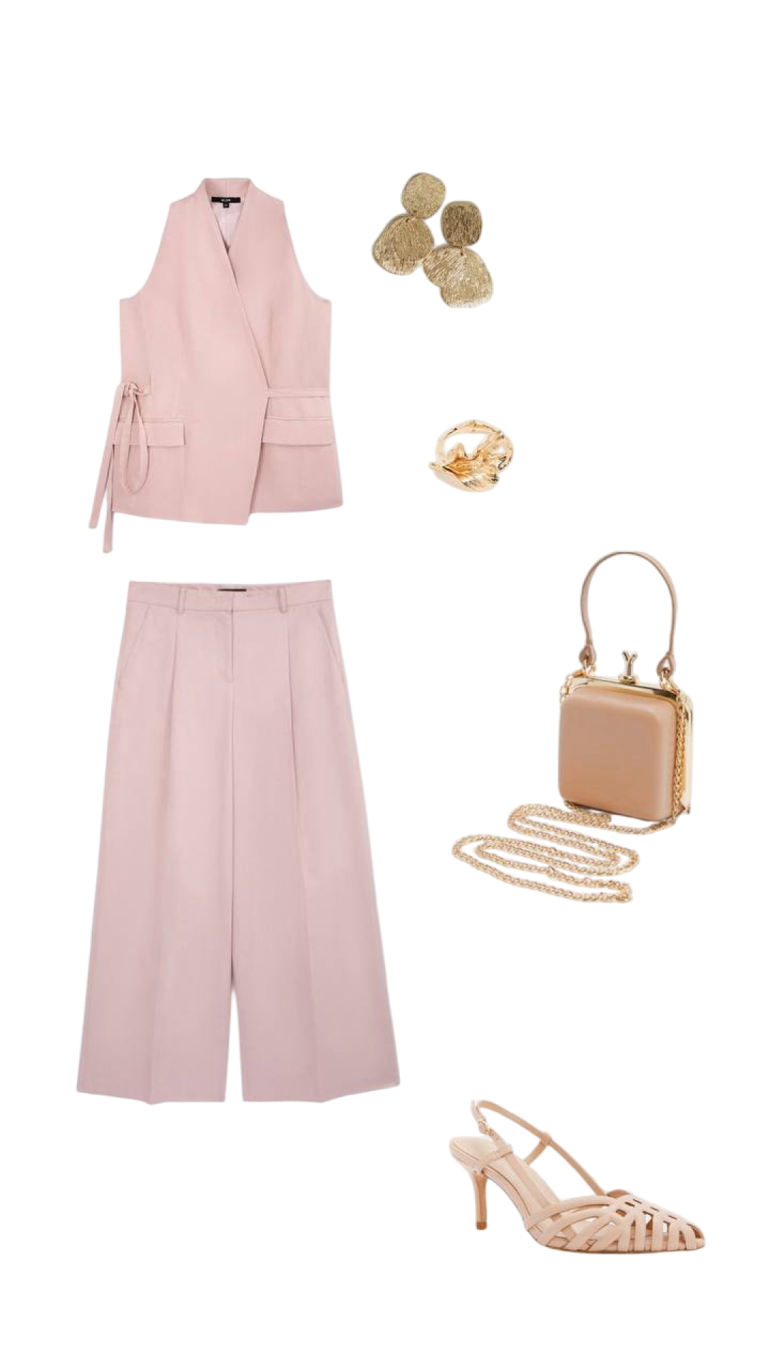 Жилет розовый, GLVR, брюки палаццо, GLVR, босоножки TENDANCE, клатч TENDANCE, текстурированные серьги, LIME, браслет в форме цветка, LIME