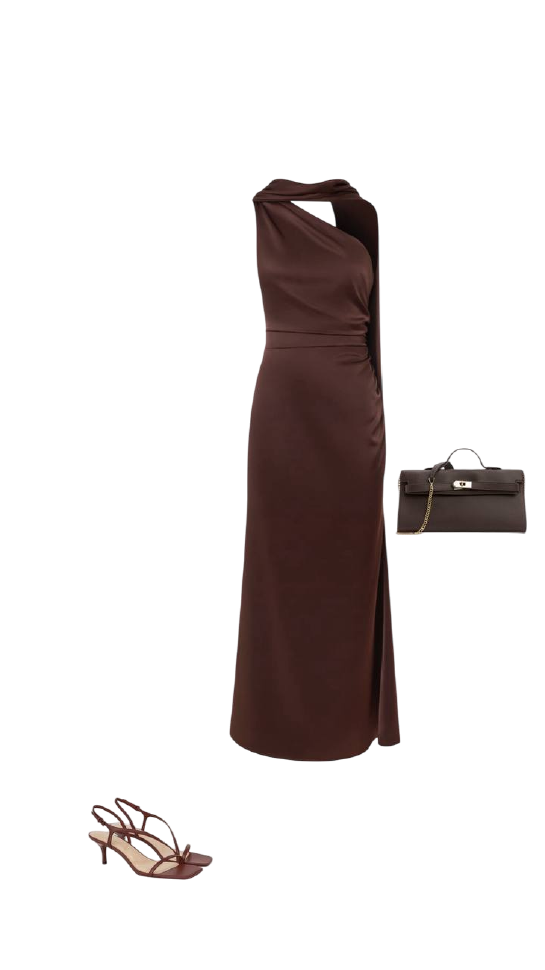 Приталенное платье макси LICHI, женские босоножки EKONIKA, браслет LIME, серьги LIME, клатч TENDANCE