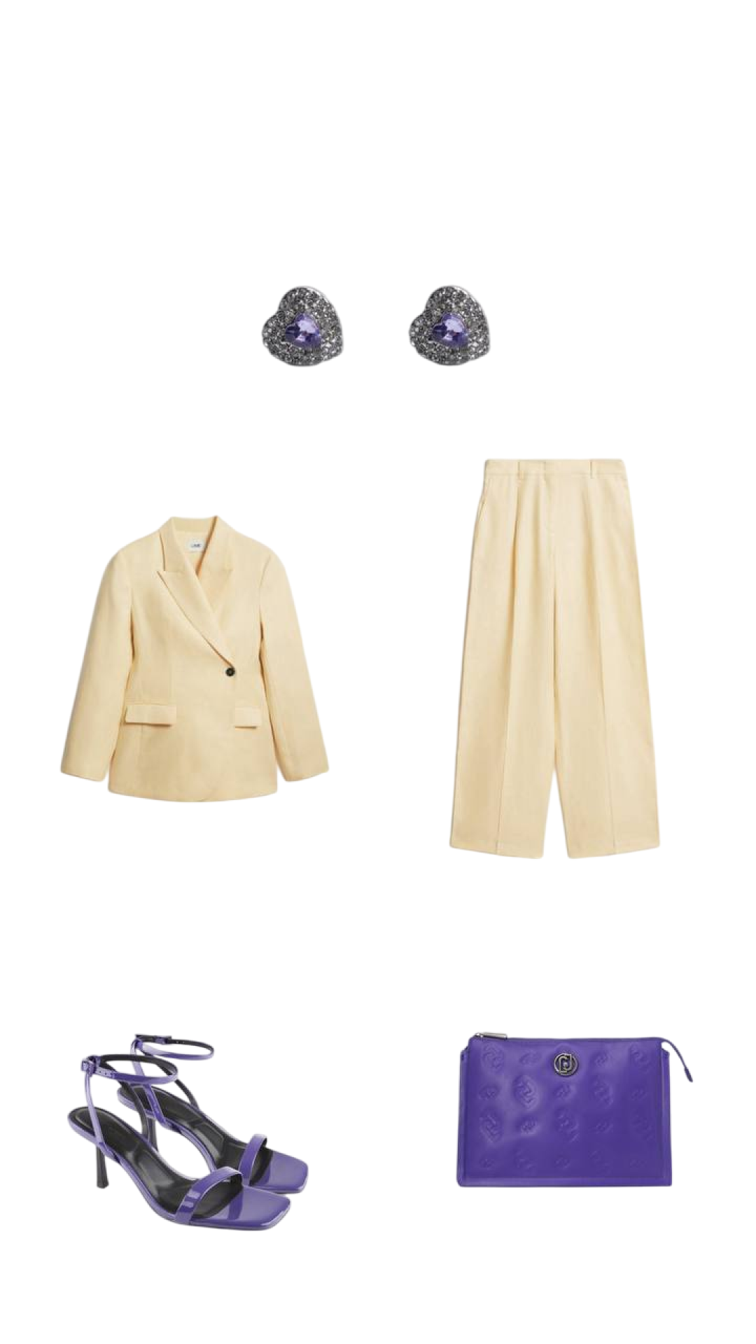 Блейзер LIME, брюки LIME, женские босоножки EKONIKA, клатч LIU∙JO, RENDEZ-VOUS, серьги cо стразами BEFREE