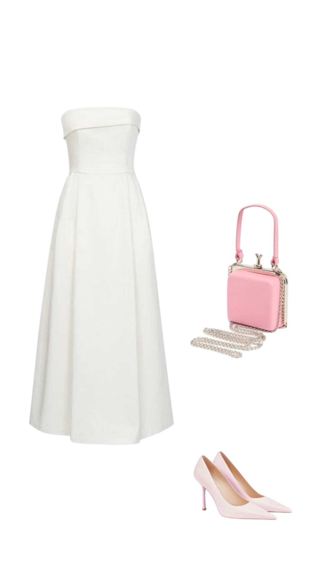 Платье-бандо из хлопка, LOVE REPUBLIC, женские туфли EKONIKA, клатч TENDANCE, серьги LIME