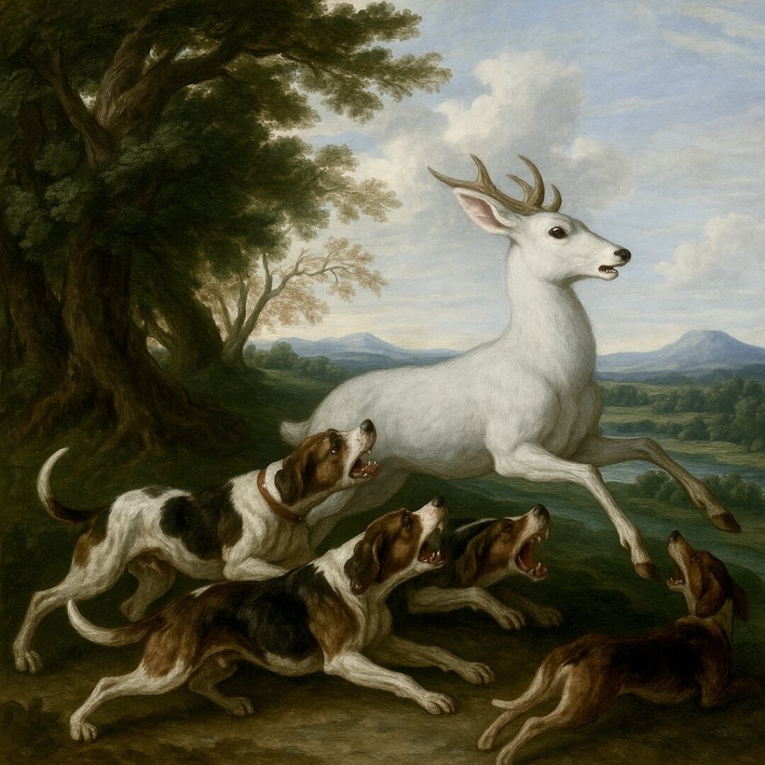 Медальон «Охота на белую лань». Визуальный образ сгенерирован на основе работы неизвестного художника XVIII века