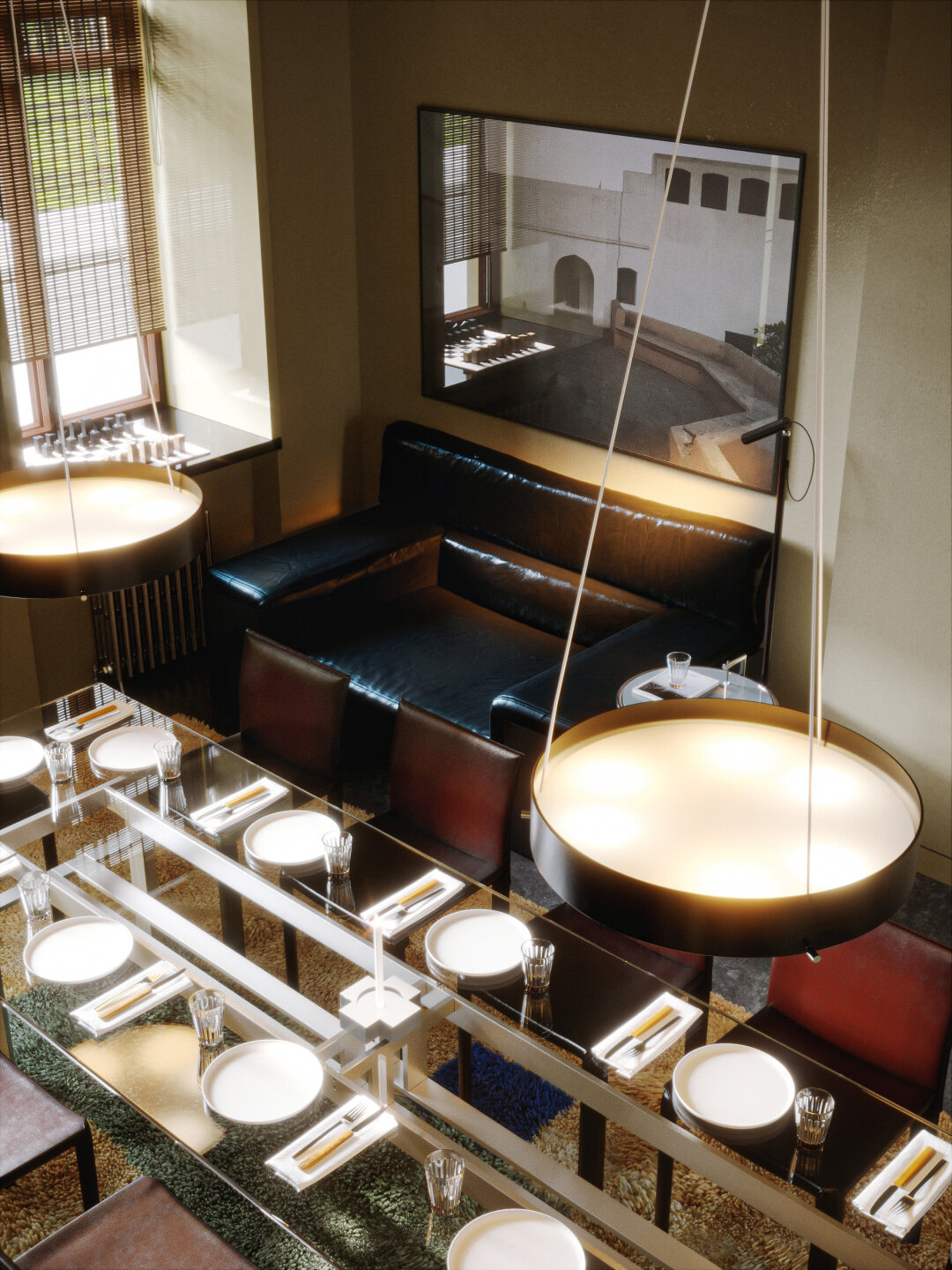 Команда Closer назвала малый зал private room: здесь для экстракомфорта гостей поставии винтажный кожаный диван Brigadier от Чини Боэри — с объемными