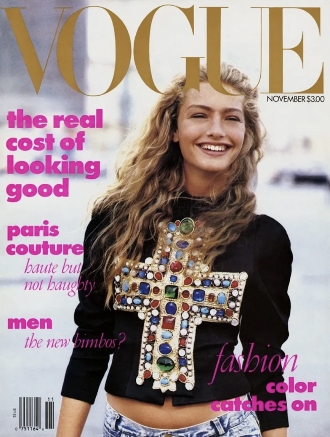 Первая обложка американского Vogue под редакторством Анны. Ноябрь, 1988 год. Модель Микаэла Берку в кутюрном жакете от Christian Lacroix за 10 000