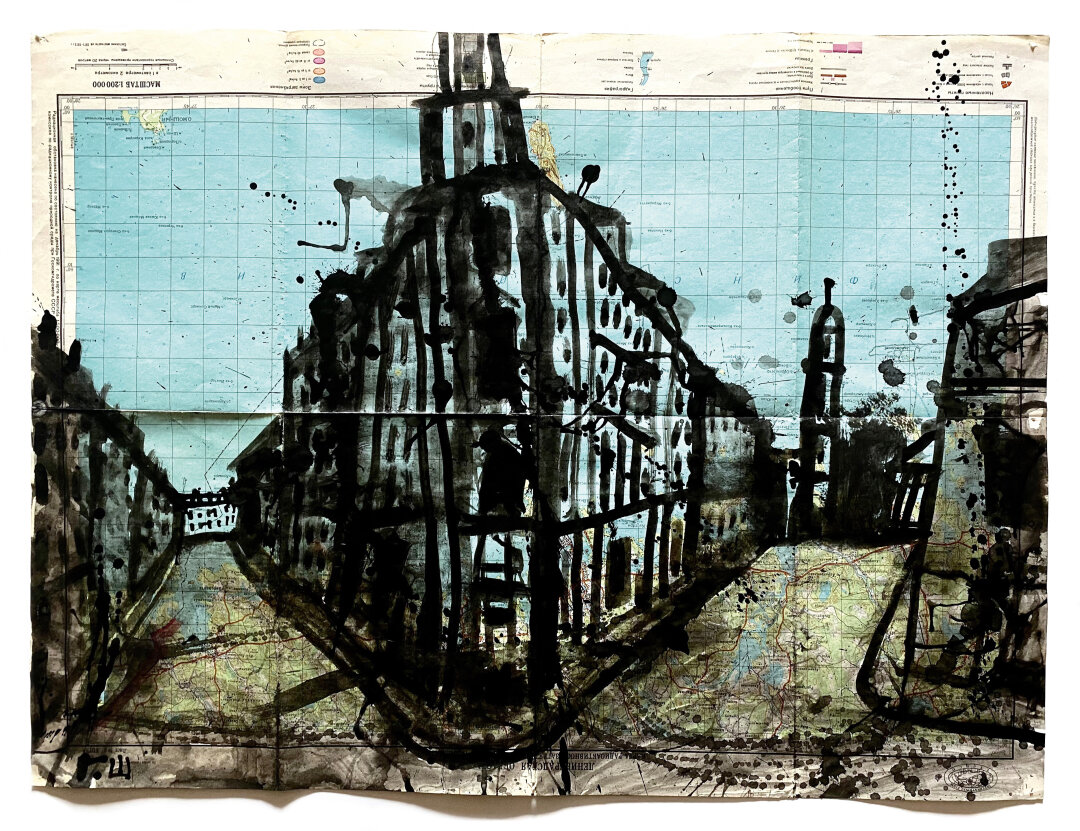 «Пять углов» из новой серии петербургских пейзажей Гарт написал на старых географиче­ских картах к выставке в Доме Радио