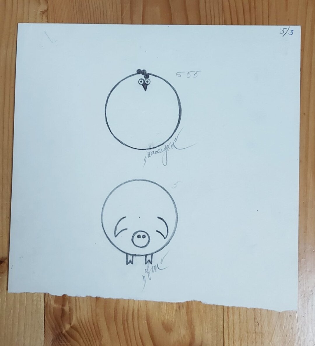 Рисунок Салавата, сделанный на первом курсе Академии Штиглица. На фото — учебное задание по форме и образу, Наседка и Свин. До «Смешариков» 13 лет.