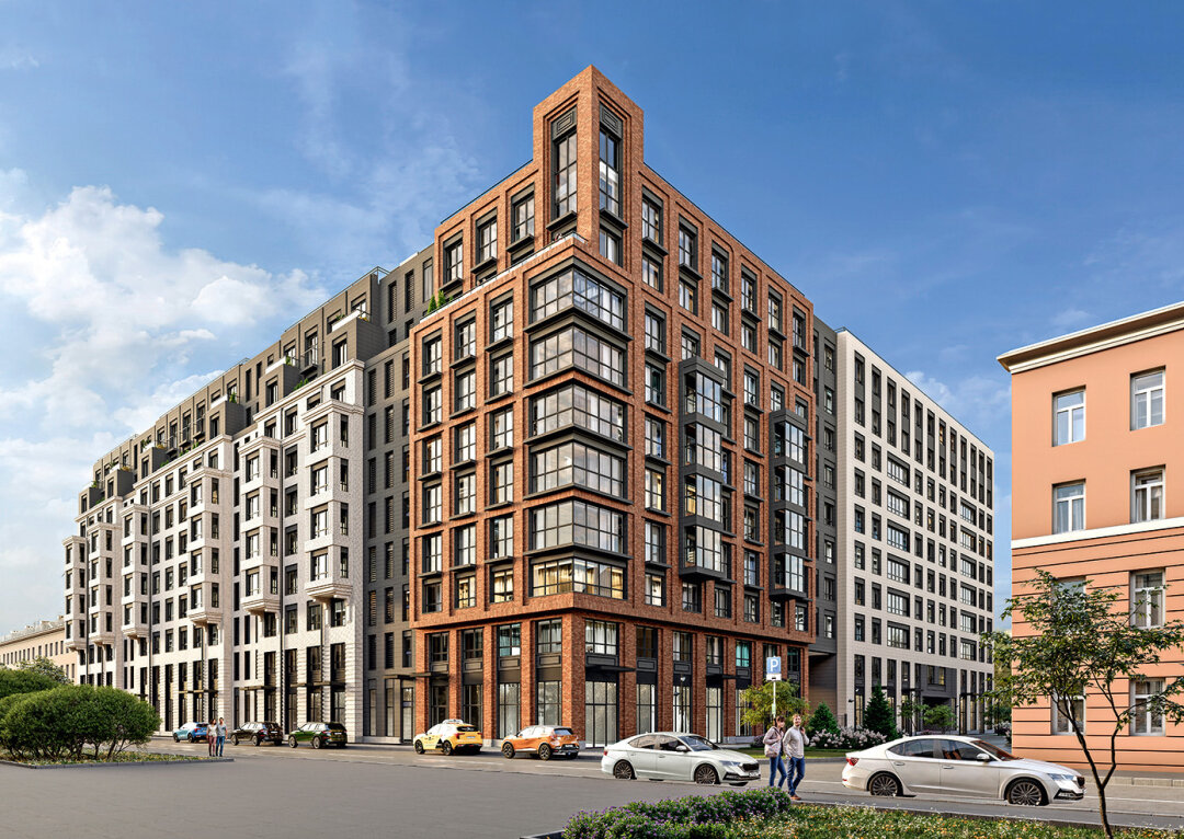 Камерный проект бизнес-класса «Дом на Курской» спроектирован по экостандартам — с панорамным остеклением, террасами и навесными вентилируемыми