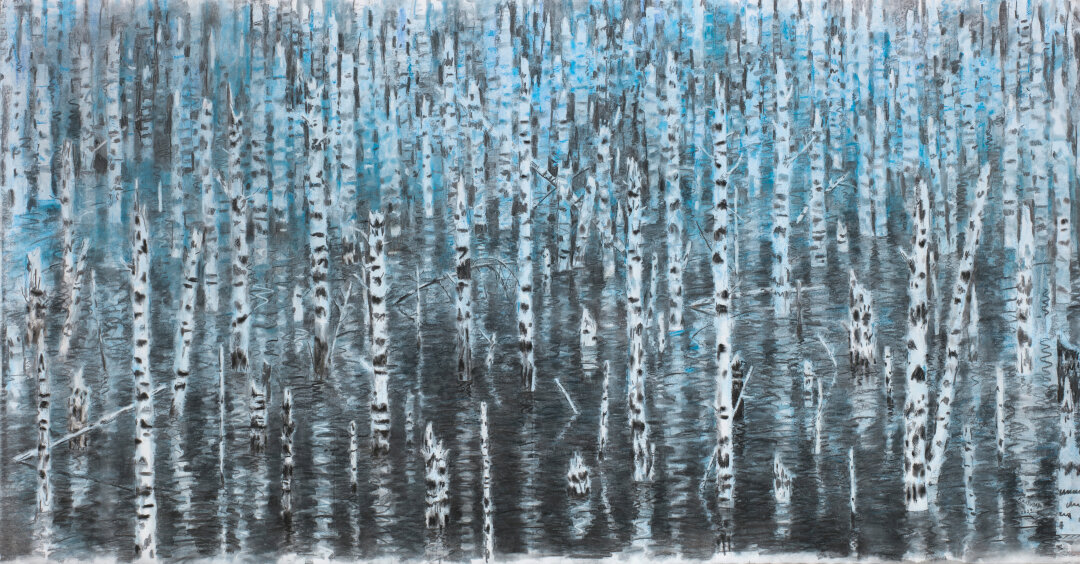 Алексей Каллима. «Сизая топь». Холст, уголь, соус, пастель. 160×312 см. 2021. Фото предоставлено пресс-службой Vladey