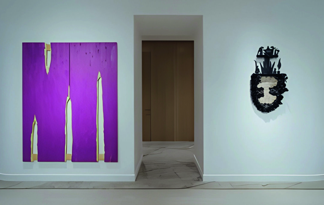 Слева: Нестор Энгельке. «Топорное бессознательное #2». 2024 Справа: Вадим Михайлов. «Герб 2». 2023. Выставка «Прошлого голоски», галерея М2