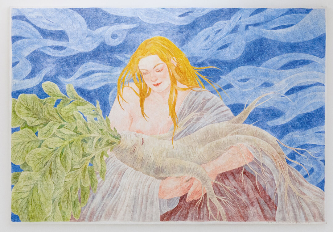 Анастасия Рыбакова. «Дева с корнеплодом». Графика. Фанера, цветные карандаши, лак. 2023