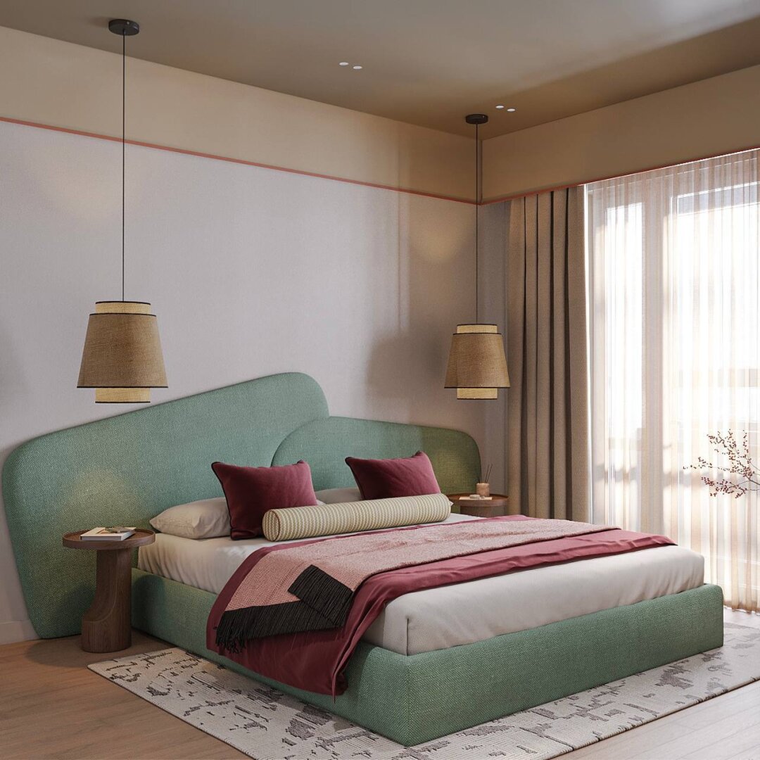 Спалья в фоновых тонах выглядит яркой за счет необычной обстановки и дизайнерских приемов: цветом выделен потолок и кант на стенах в том же оттенке