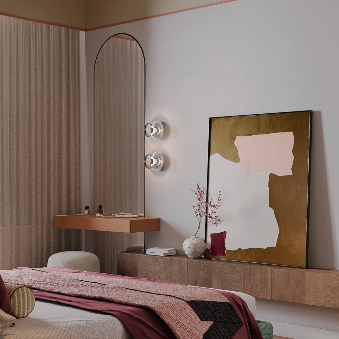 Вокруг нее выстроили композицию из плетеных светильников и деревянных столиков. Один из фасадов деревянной тумбы сделали металлическим, чтобы