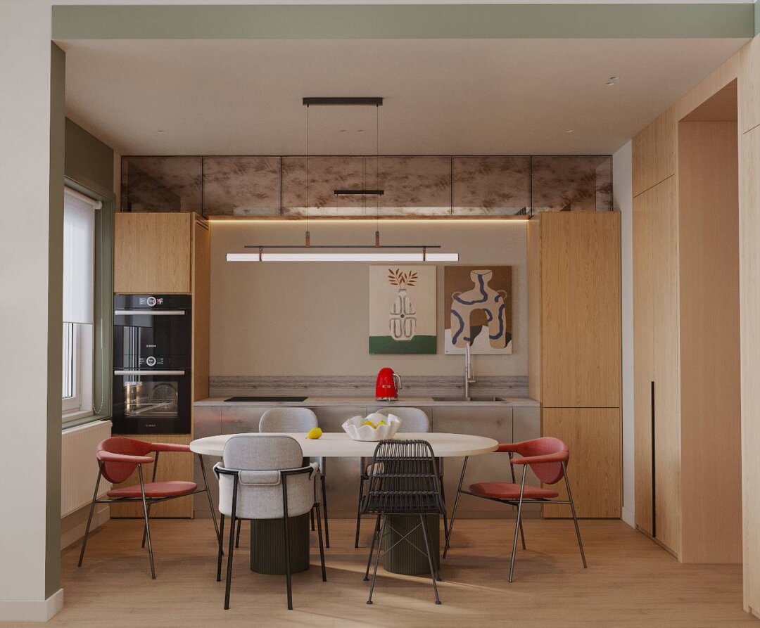 Кухня в квартире семьи из пяти человек: двоих взрослых и троих детей. Для создания интерьера использовали природные оттенки: зеленый, винный