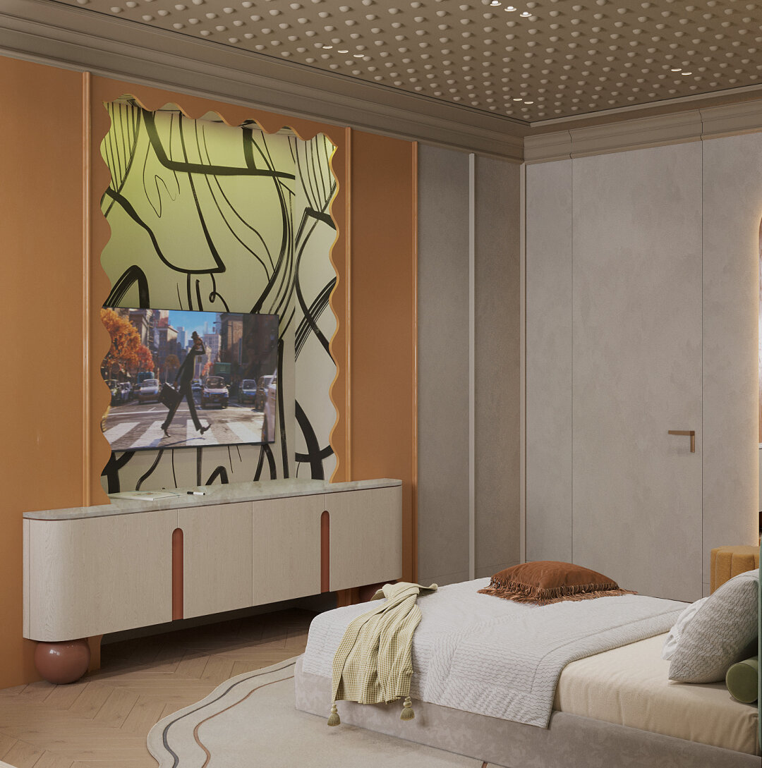 Даже технологичный экран ТВ можно с помощью цвета вписать в интерьер более гармонично