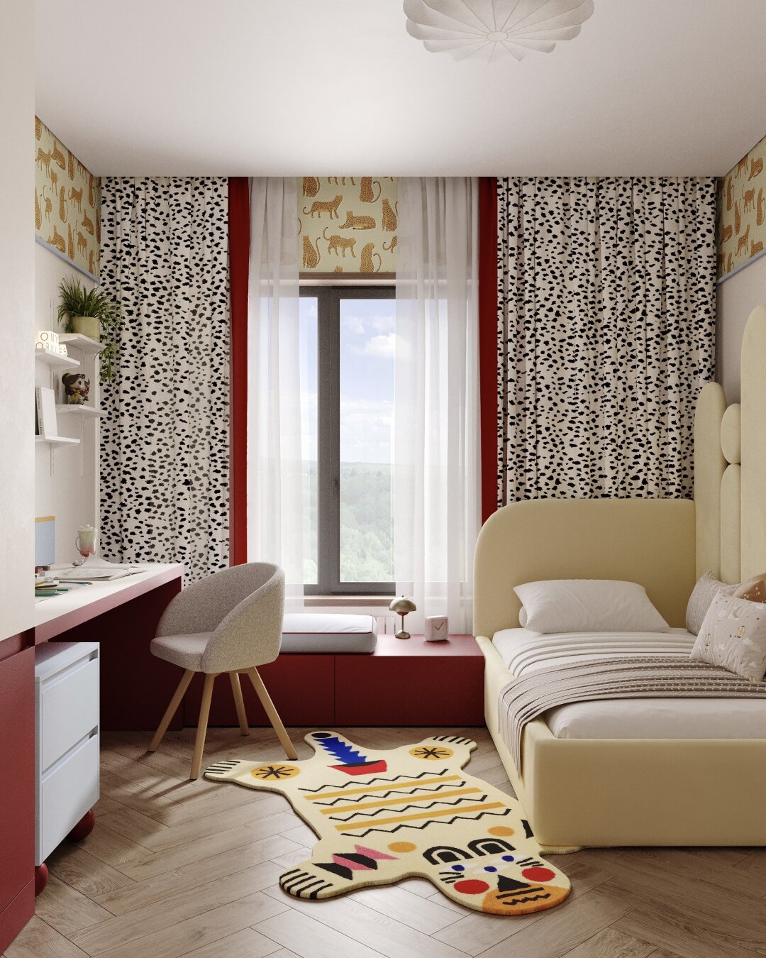 «Шкура» медведя на полу и сочные цвета - это территория игр и фантазии