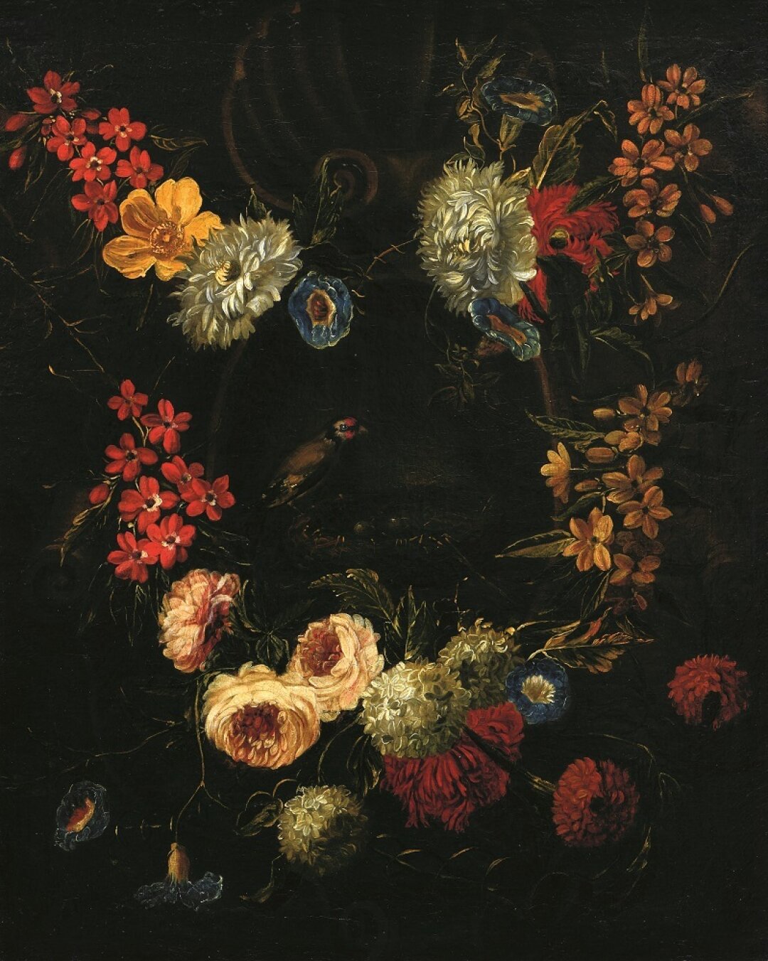 Сегерс Д. "Цветы на архитектурном украшении, в котором видно птичье гнездо с яйцами и щегленок"