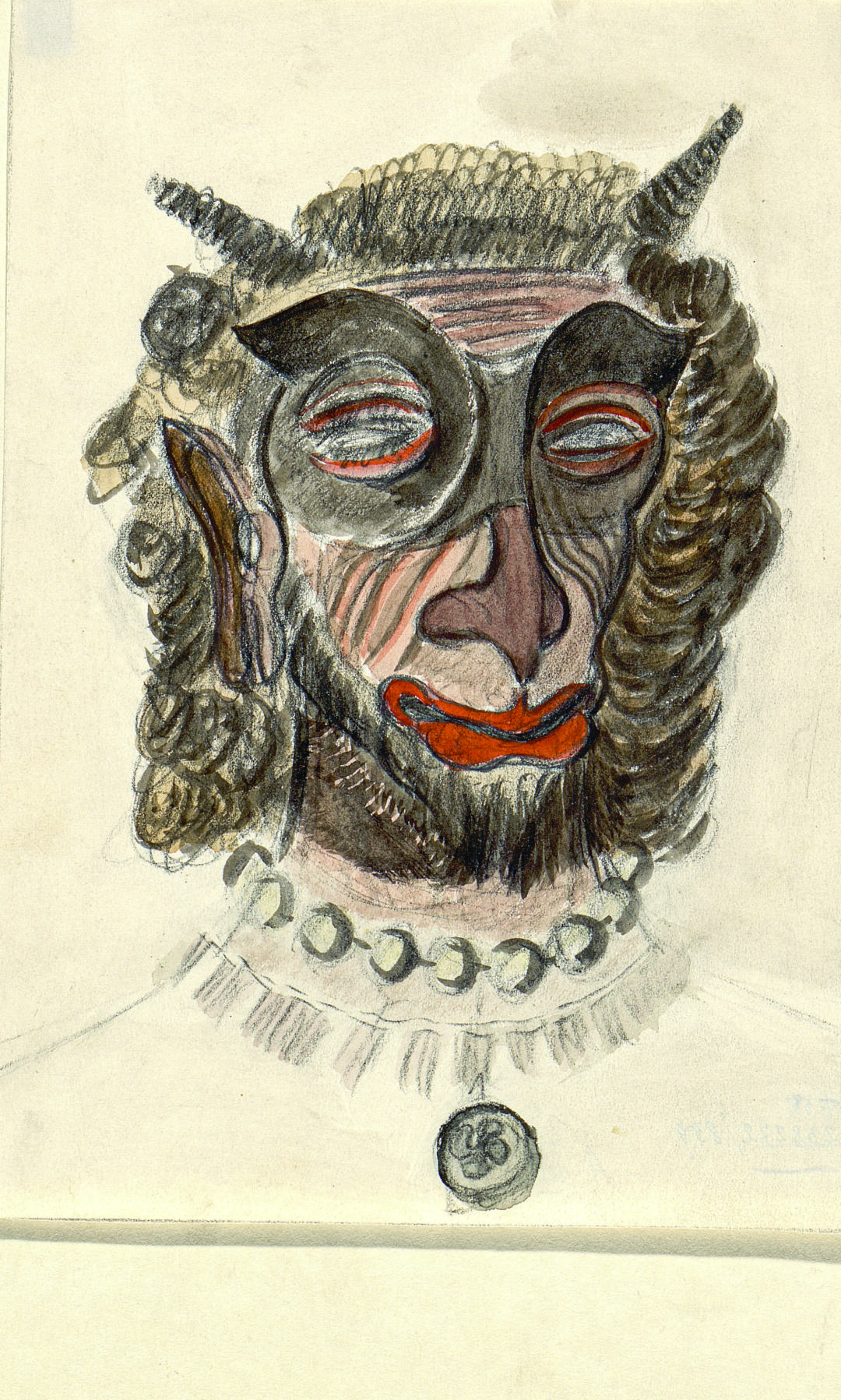 А. Санчес. Эскиз грима (женщина-овца) к спектаклю «Чертов мост» Государственного камерного театра. 1930-е. Бумага, графитный карандаш, акварель, гуашь