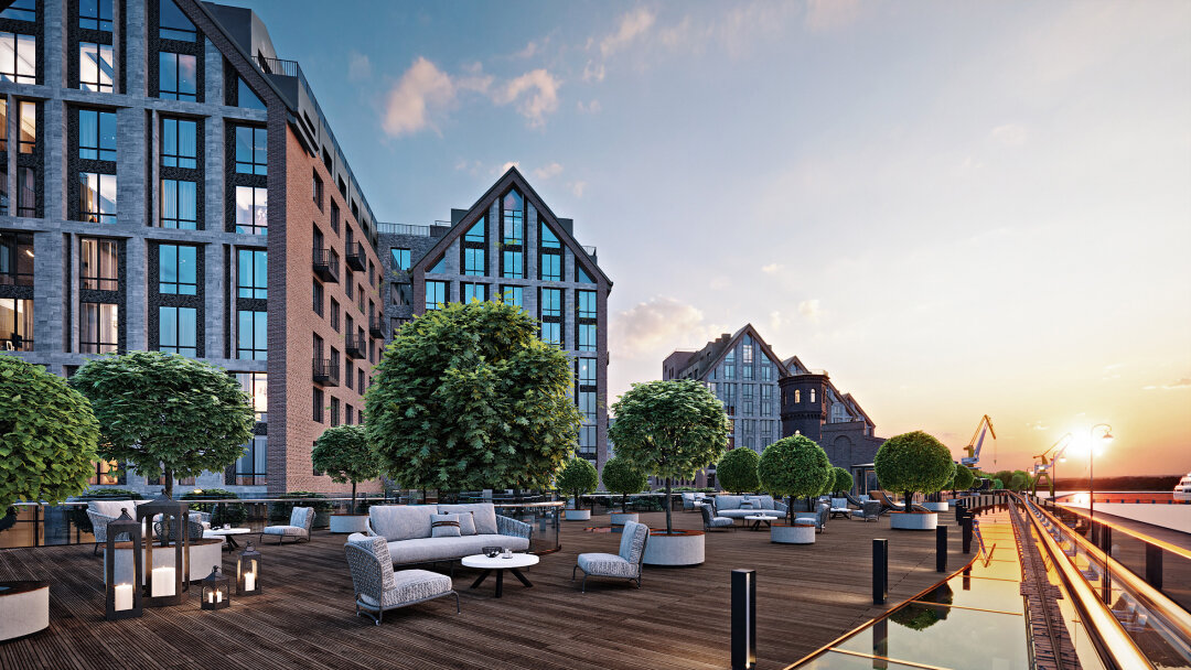 Три жилых корпуса на 1 348 квартир в клубном квартале «Остров Первых» на Матисовом острове с общей площадью озеленения 9 500 квадратных метров