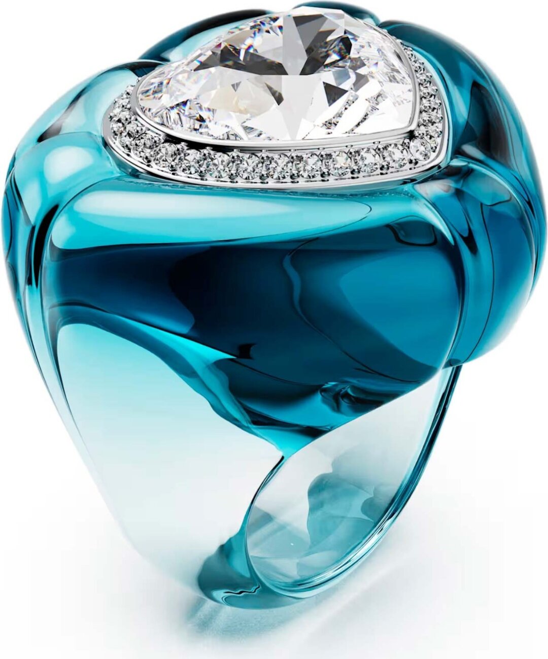 Кольцо Swarovski, AllTime, 12 900 руб. Мечтаем утонуть в любви точно так же, как кристалл-сердце Swarovski — в потоке лазурной смолы
