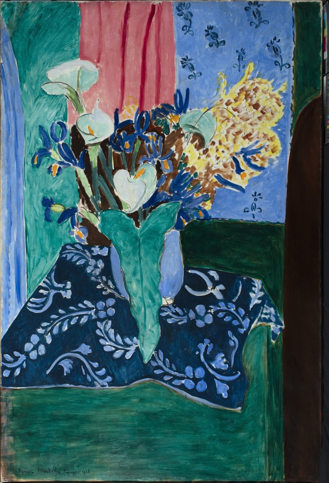Анри Матисс. «Арумы, ирисы и мимоза» («Голубая ваза с цветами на синей скатерти»), 1913