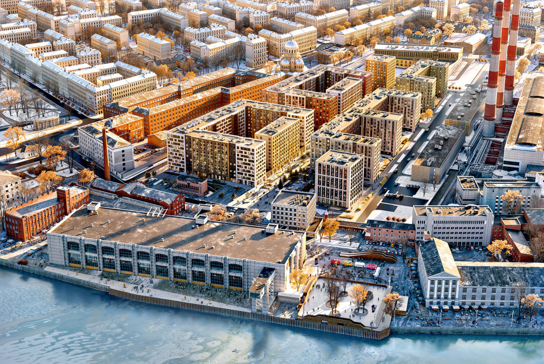 Жилой кластер LEGENDA Васильевского с шестью разноформатными корпусами на Финском заливе расположен рядом с креативным хабом «Севкабель Порт»