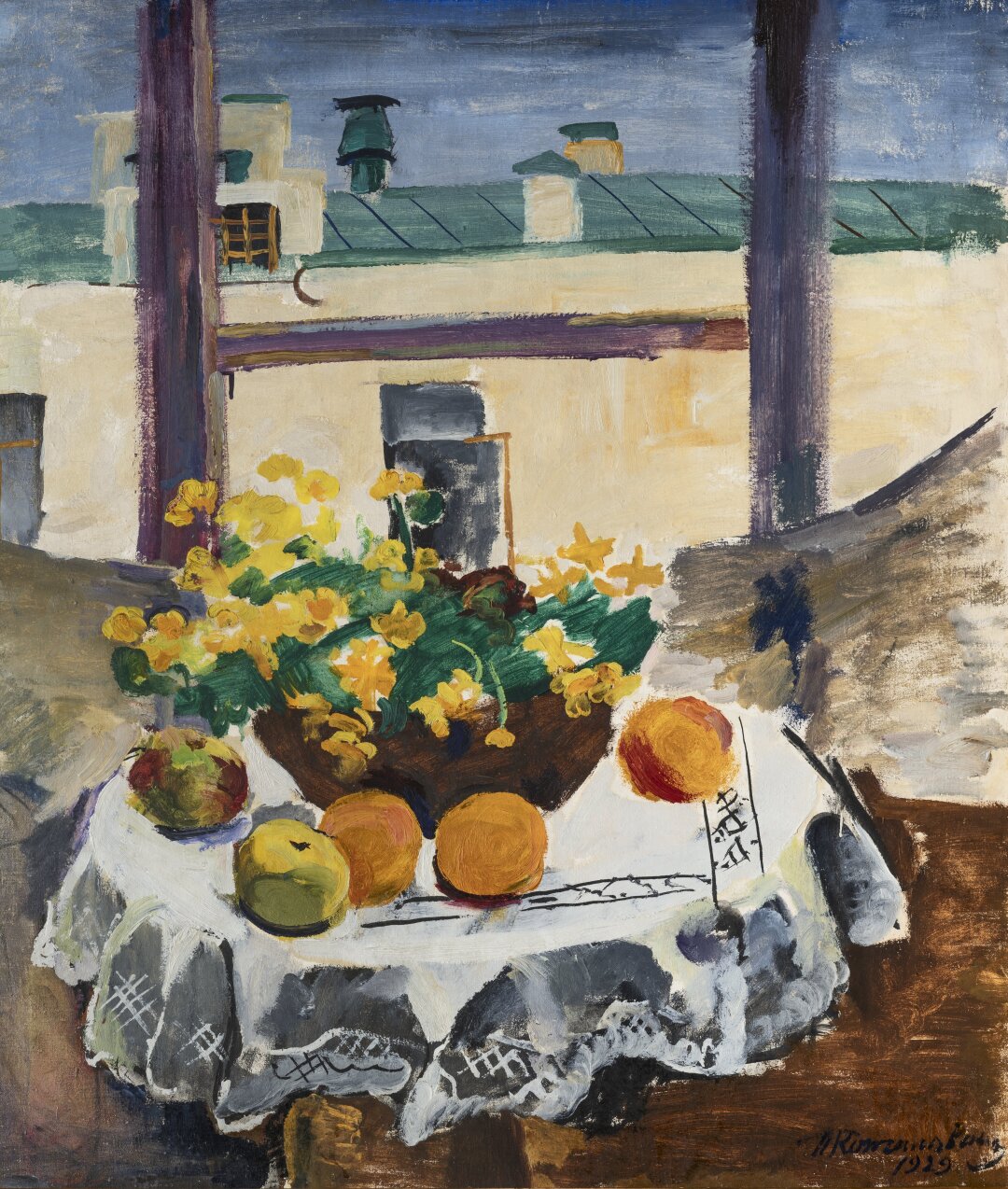 Петр Кончаловский. Натюрморт. Стол с фруктами и желтыми цветами. 1929