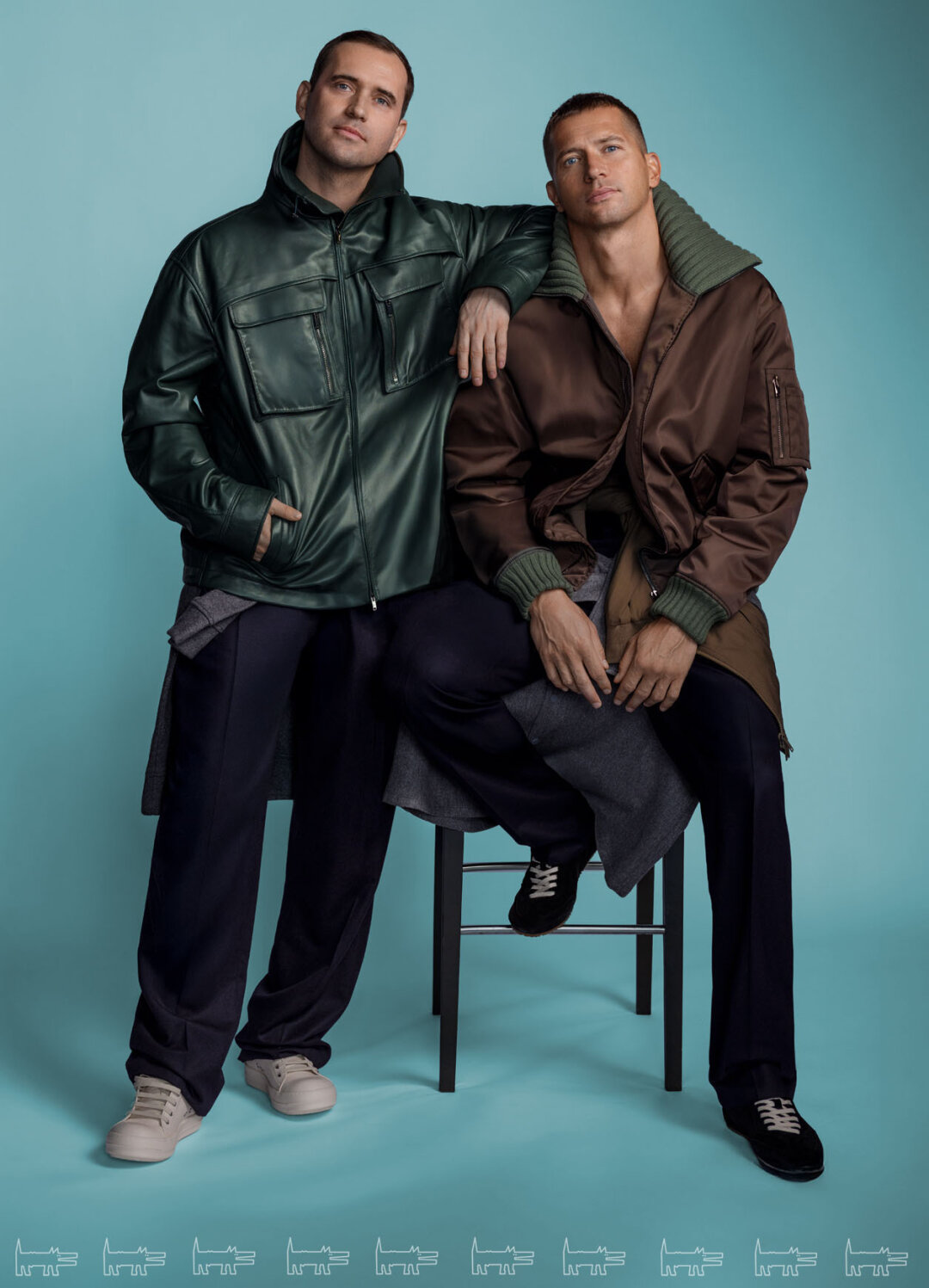 Александр и Михаил Кержаковы На Александре: куртка, брюки, джемпер MVST, кеды RICK OWENS (ДЛТ) На Михаиле: бомбер, брюки, рубашка MVST, кеды AXEL