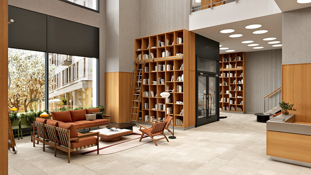 Гранд-лобби квартала «Северный ветер» — с референсами библиотеки Алвара Аалто в Выборге