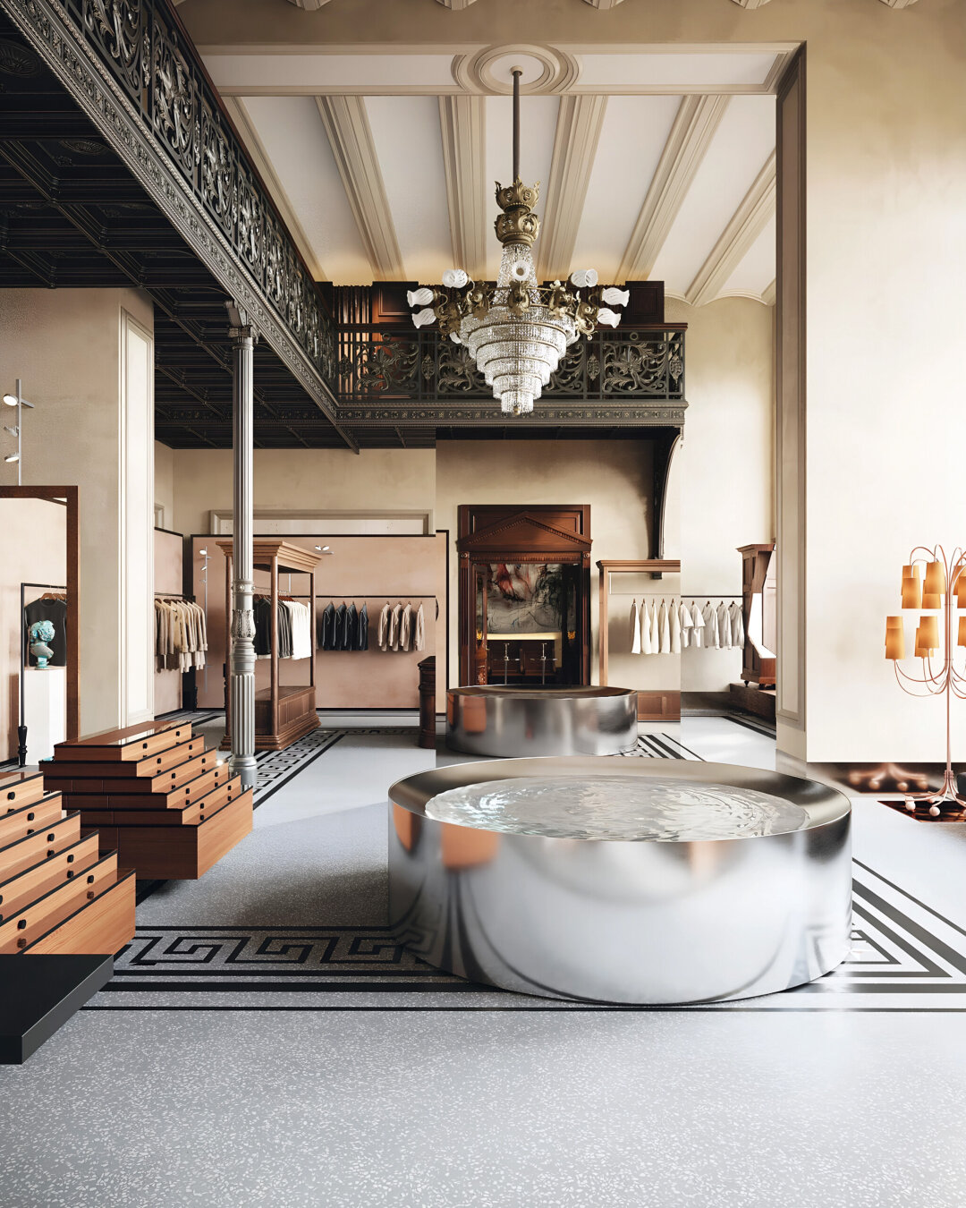 Во флагманском магазине IRNBY суперсовременная сталь сочетается с деревянной мебелью, сделанной по эскизам Незванкиной как оммаж ар-деко