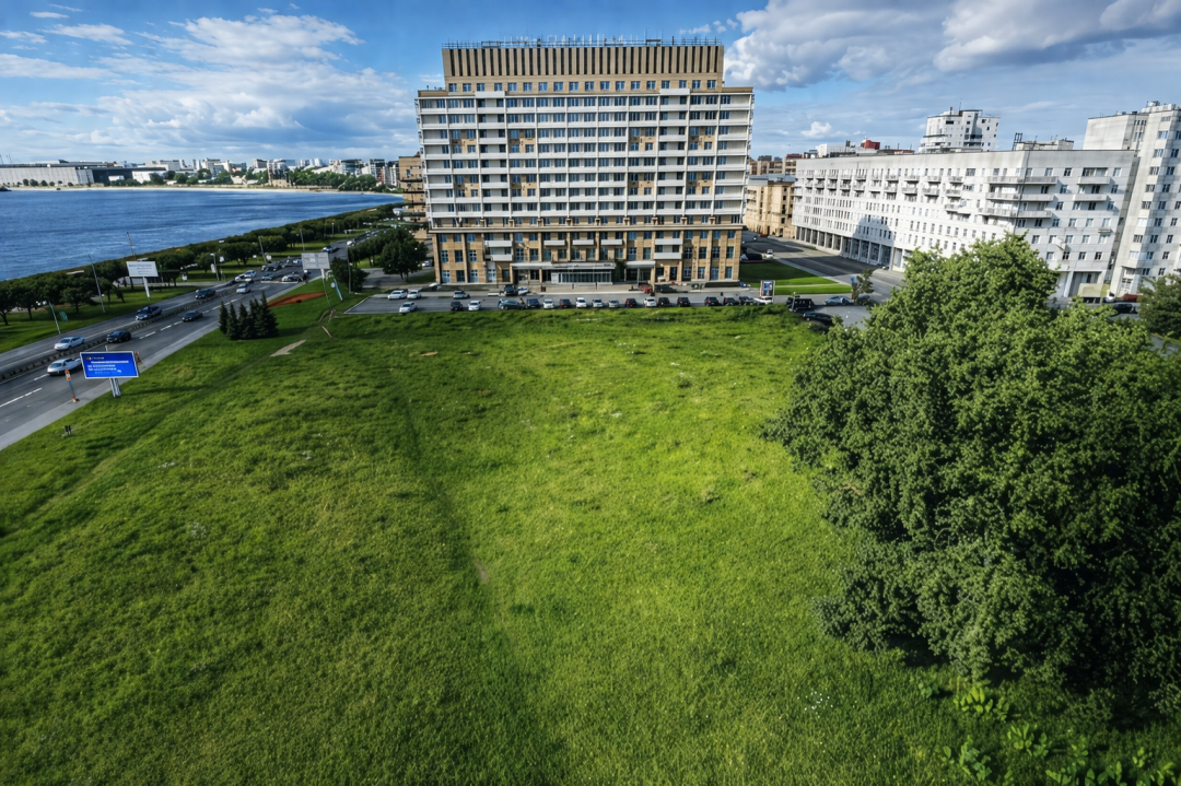 Земельный участок у гостиницы «Охтинская» на Свердловской набережной, где появится музейный комплекс с реставрационными мастерскими