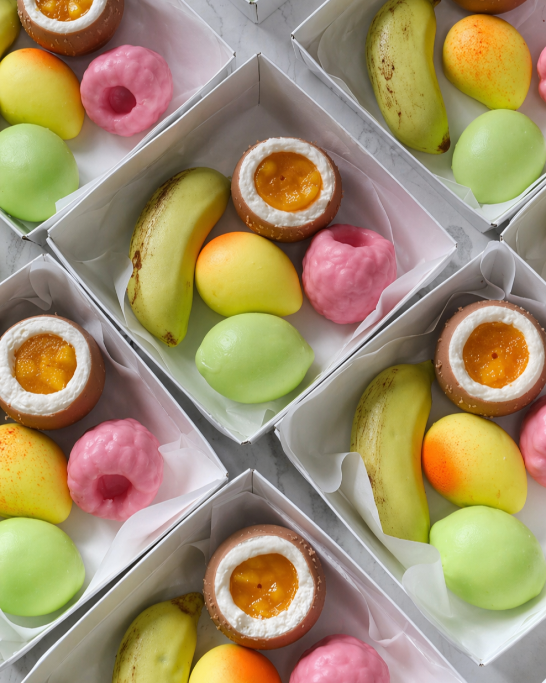 Корпусные десерты со вкусом малины, лайма, банана, кокоса и манго от Ilzi Bakery