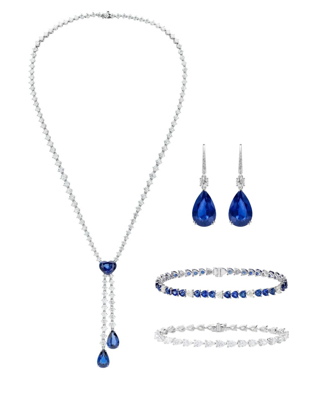 Дарья выбрала комплект с акцентом на синий сапфир. Главный акцент — длинное колье с крупным синим камнем в центре, от которого вниз спускаются две