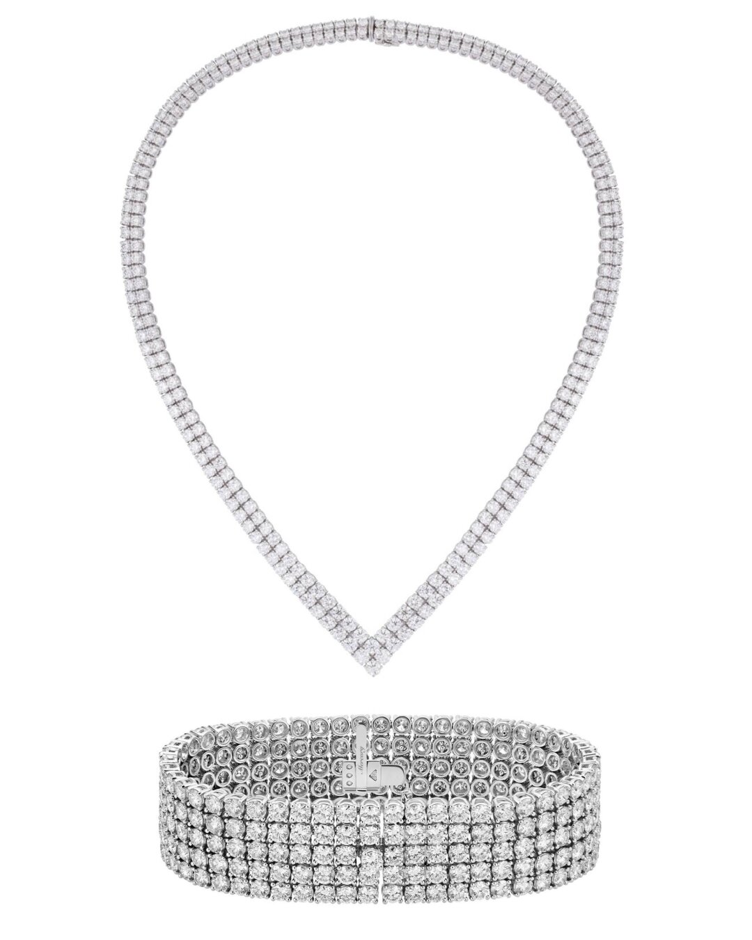 Колье в форме шеврона из белого золота с бриллиантами и браслет с тем же камнем в пять рядов круглой огранки из коллекции Mercury Classic