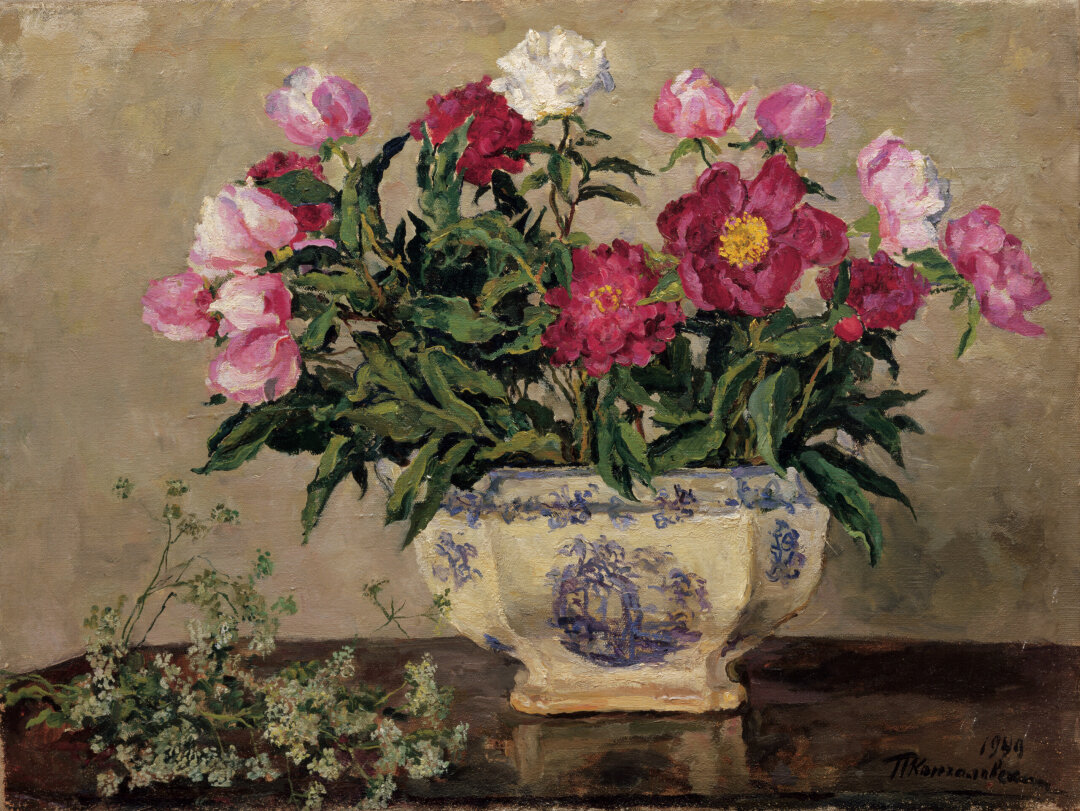 Петр Кончаловский. Натюрморт. Пионы в фаянсовой вазе. 1949