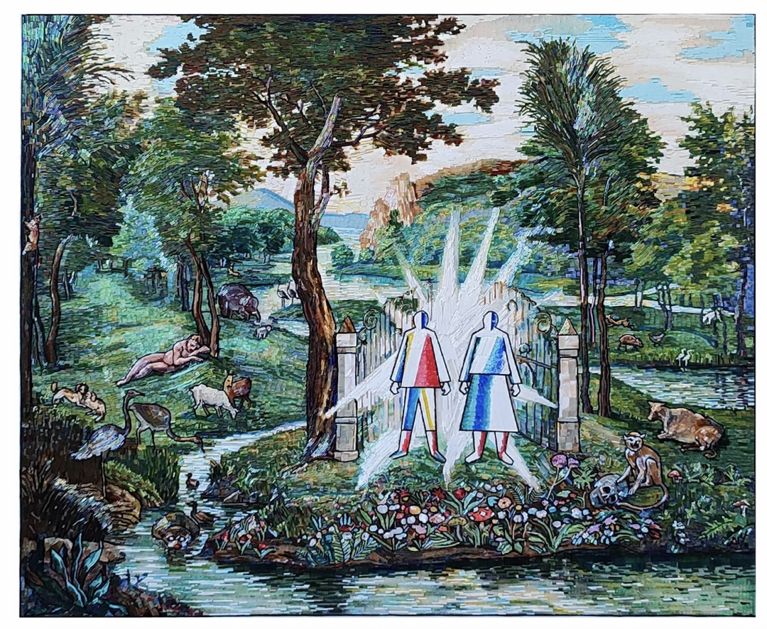 Владимир Григ. «Сон Адама». 100 × 120 см. Холст, акрил, стеклярус, мозаика. 2025.