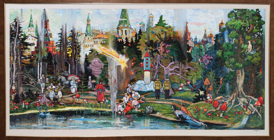 Владимир Григ. «Лето. Москва». 110 × 210 см. Холст, акрил, стеклярус, мозаика. 2022.