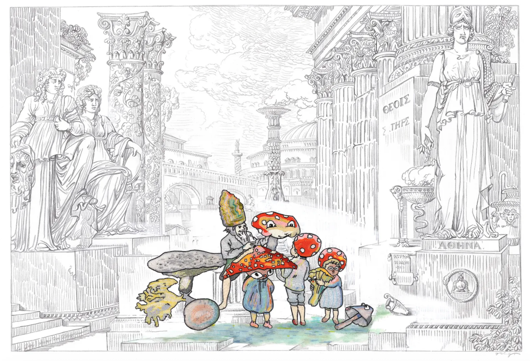 Владимир Григ. «Family-Mushroom». 106,5 × 151,5 см. Холст, карандаш, графит, стеклярус. 2019. Серия «Detomon. Stories in pictures».