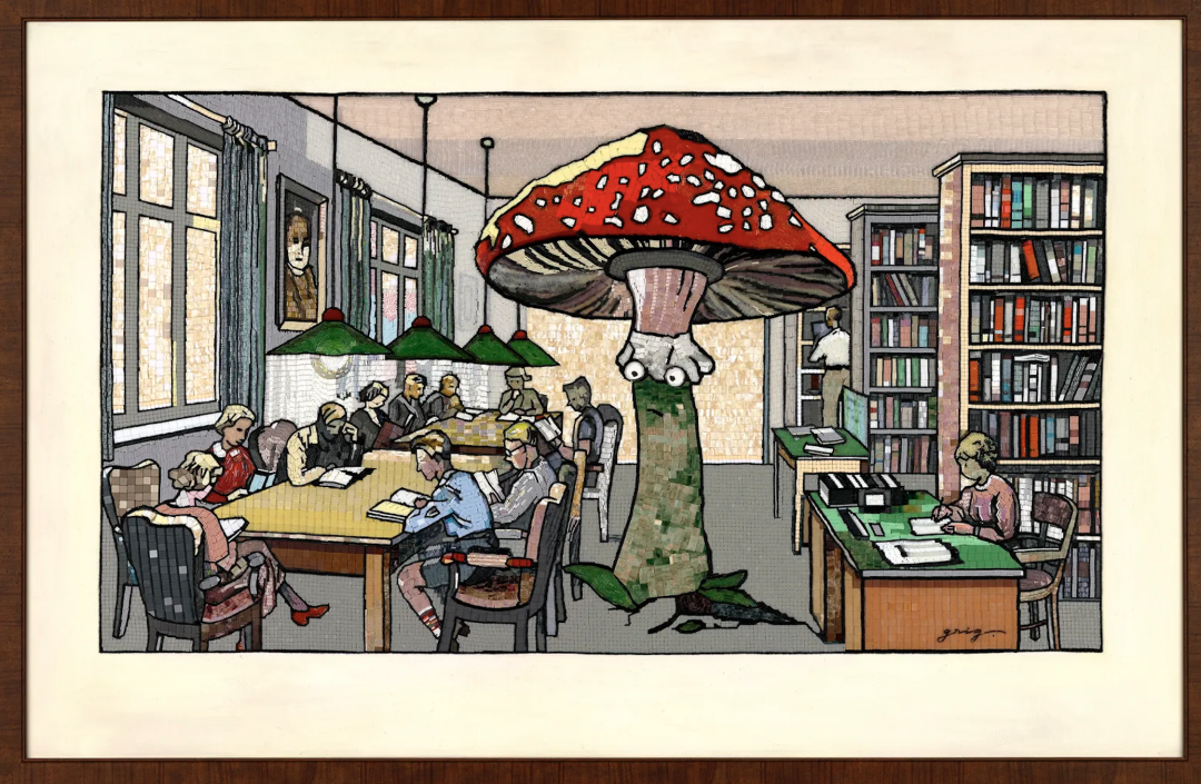 Владимир Григ. «Библиотека». 97 × 152 см. Холст, акрил, мозаика, воск, стеклярус, бисер. 2018. Серия «Stories in pictures • Рассказы в картинках».