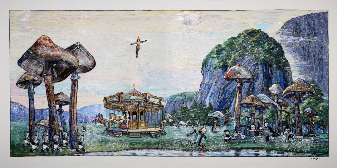Владимир Григ. «Таинственный остров (II)». 100 × 200 см. Холст, акрил, мозаика, стеклярус. 2024.