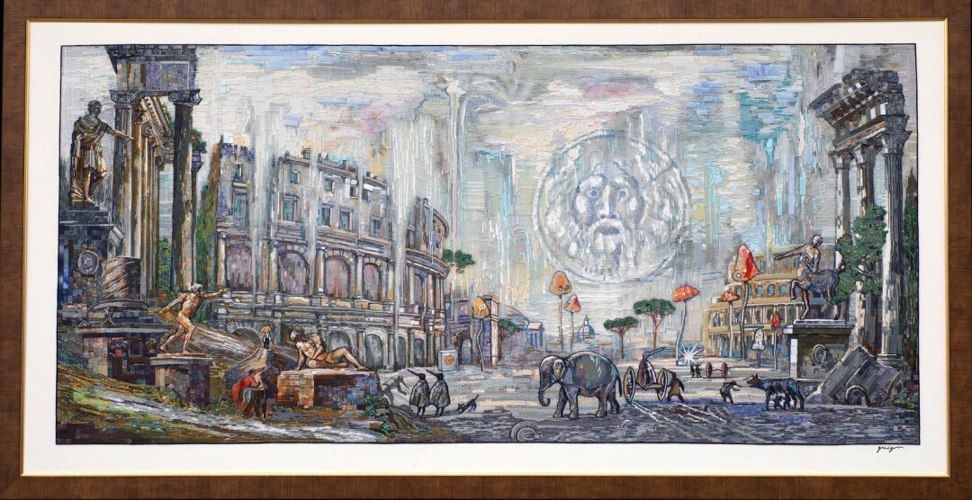 Владимир Григ. «Осень. Рим» (работа на заказ). 110 × 210,5 см. Холст, акрил, стеклярус, мозаика. 2022.