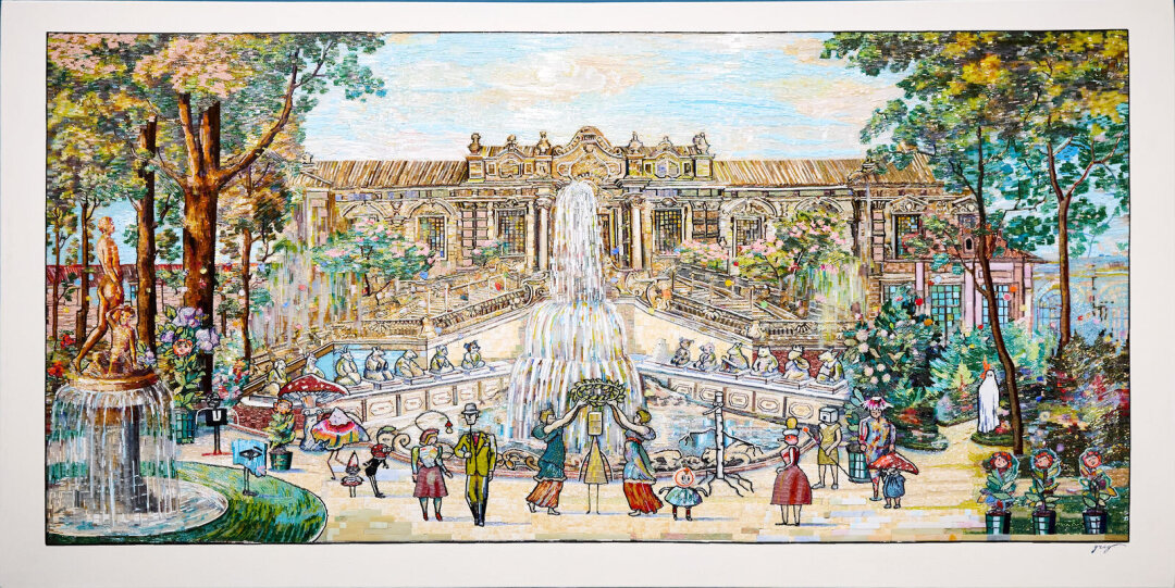 Владимир Григ. «Весна. Китай». 110 × 210 см. Холст, акрил, мозаика, стеклярус. 2021.