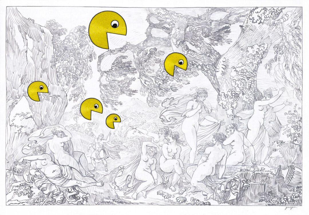 Владимир Григ. «Pacman». 106,5 × 151,5 см. Холст, акрил, стеклярус. 2019. Серия «Detomon. Stories in pictures».