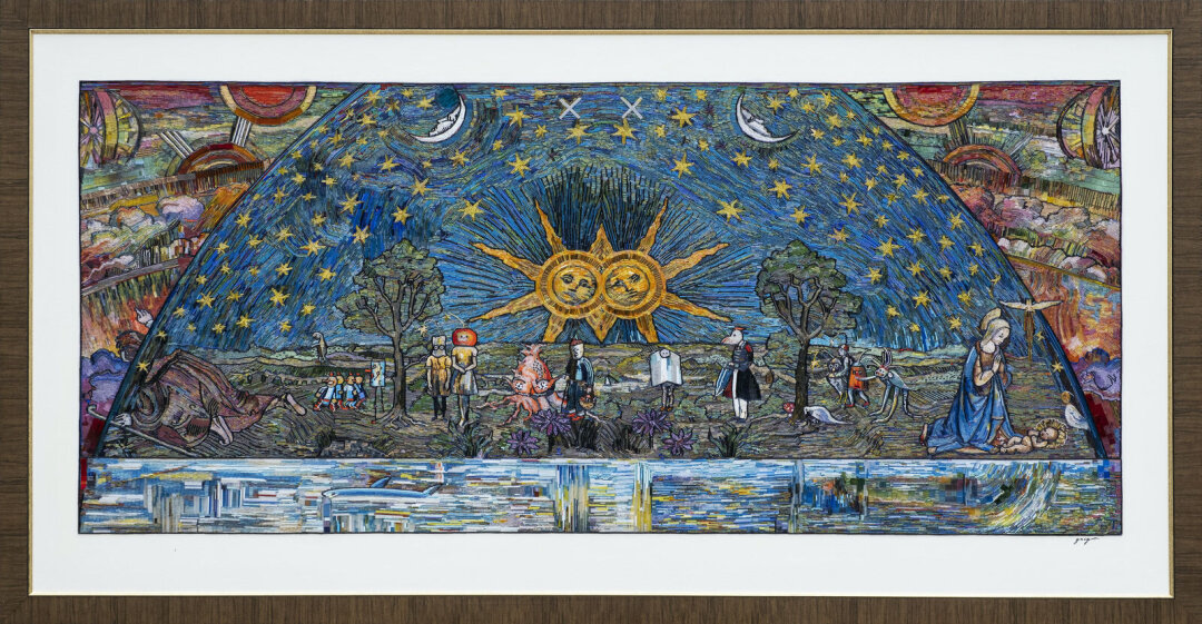 Владимир Григ. «Купол». 100 × 200 см. Холст, акрил, стеклярус, мозаика. 2023.