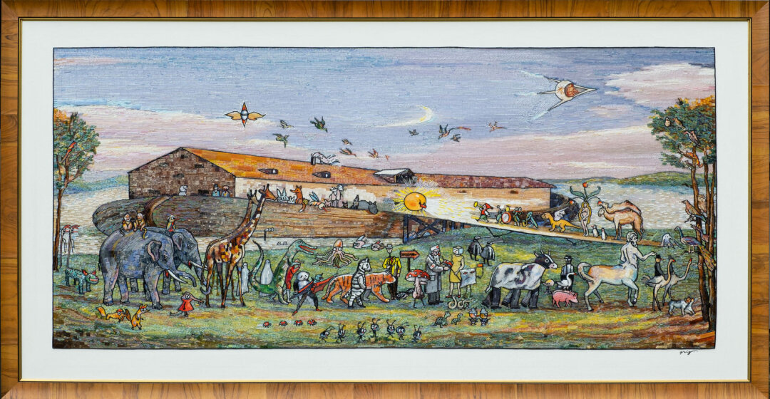 Владимир Григ. «Новый ковчег». 100 × 200 см. Холст, акрил, стеклярус, мозаика. 2024.