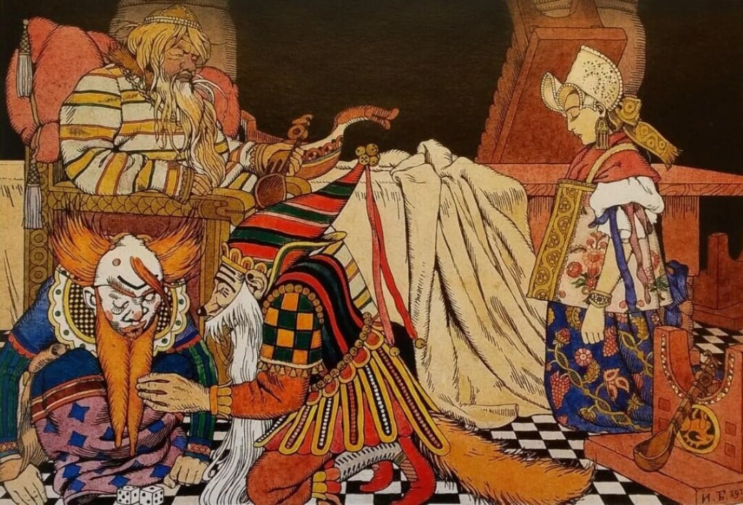 Иван Билибин. «Царь, поднявшись очень рано, похмелялся с полупьяна...». Иллюстрация к «Сказке о трех царских дивах и об Ивашке, поповском сыне». 1910